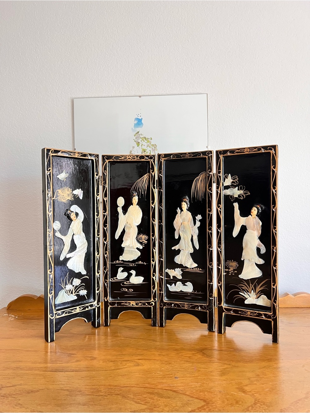 Vintage Asian Black Lacquer 4-Panel Tabletop Screen Mother of Pearl Inlay 14"